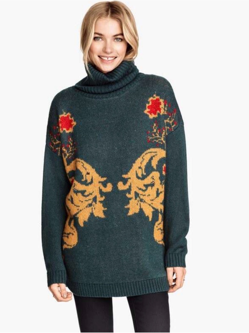 Turtleneck Floral Intarsia Sweater - Deep Teal